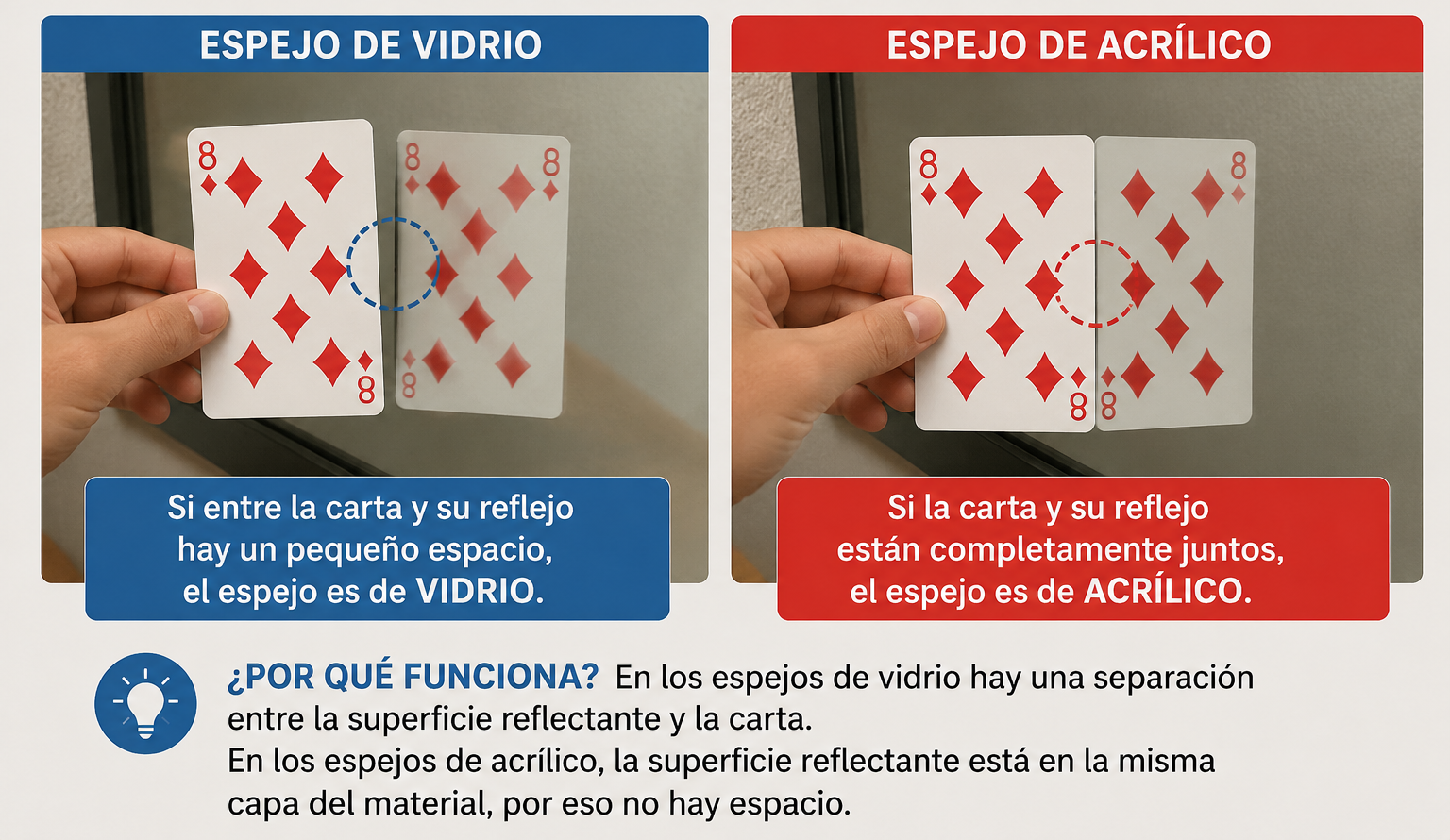 Técnica de la tarjeta para saber si un espejo es de acrílico o vidrio
